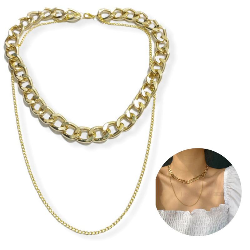Kalung Double Layer Rantai Gold Polos Plain Golden Chain Multilayer Necklace Gaya Punk Korea Warna Emas