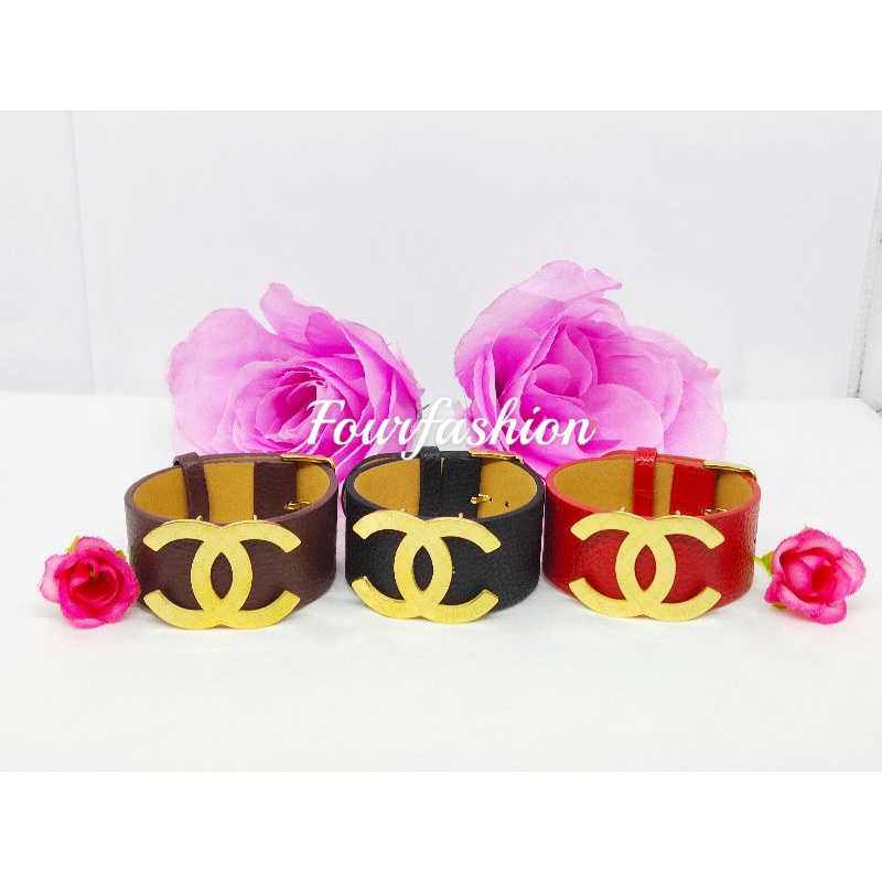 Fourfashion Gelang Tangan Kulit Sabuk/Gesper Motif Chenel Premium