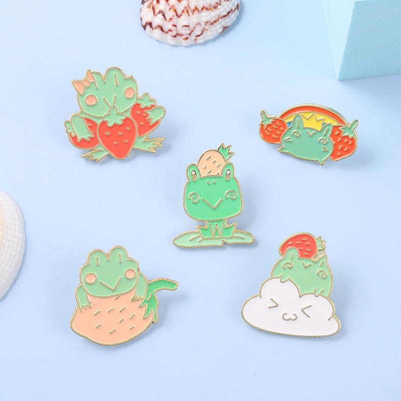 Quack Enamel Pin Frog Strawberry Lotus Leaf Brooches Bag Lapel Pin Cartoon Animal Badge Jewelry Gift for Kids Friends