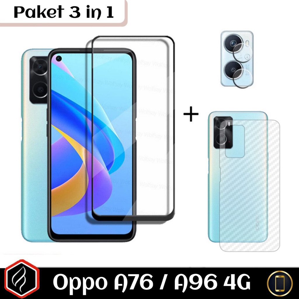 [PAKET HEMAT] 3 in 1 OPPO A76 4G / A96 4G Anti Gores Layar Full Cover + Tempered Glass Camera Free Skin Carbon For A76 4G &amp; A96 4G ( 3in1 )