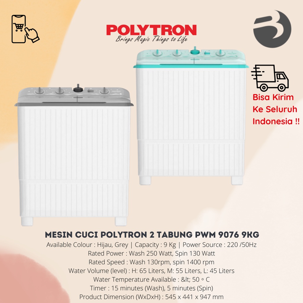 MESIN CUCI POLYTRON 2 TABUNG PWM 9076 9KG