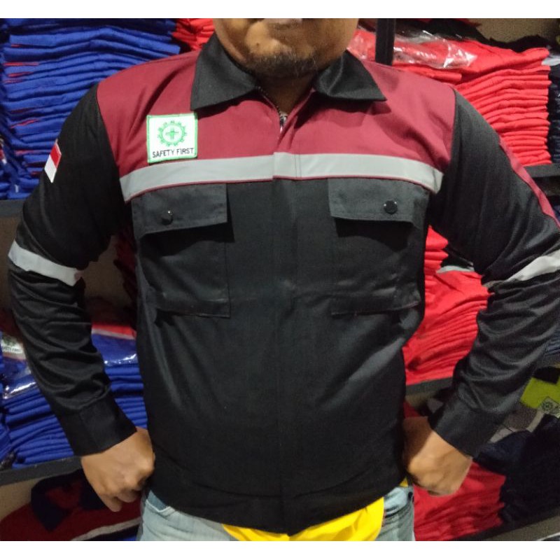 WEARPACK SAFETY / KEMEJA SAFETY / BAJU SAFETY LENGAN PANJANG / BAJU PROYEK KEREN / BAJU KERJA PRIA PROYEK / BAJU KERJA PIRA LAPANGAN / BAJU MEKANIK / BAJU WEARPACK / WERFAK PRIA KERJA / BAJU WEARPACK KERJA PROYEK / BAJU TAMBANG / HITAM MAROON