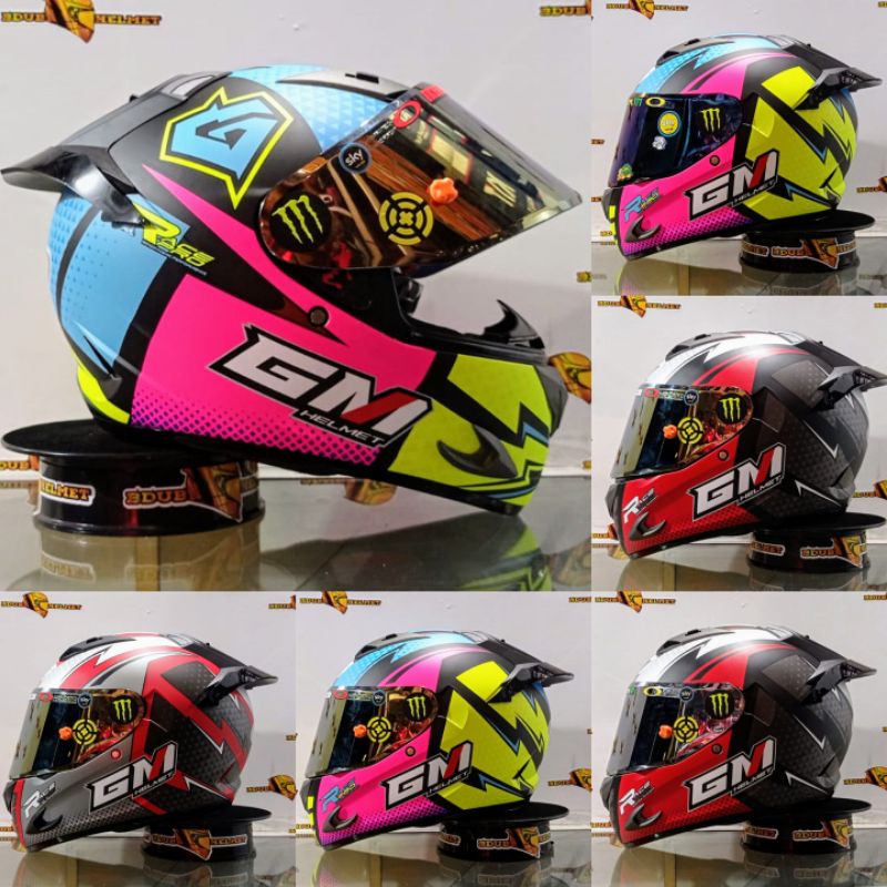 Helm full face Gm Race pro black pink yellow fluo doff motif terbaru paket ganteng visor flat iridiu
