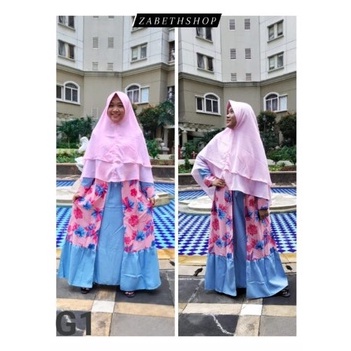 Baju Gamis Wanita Bahan Ceruty Premium Motif Bunga & Jilbab Syari Panjang