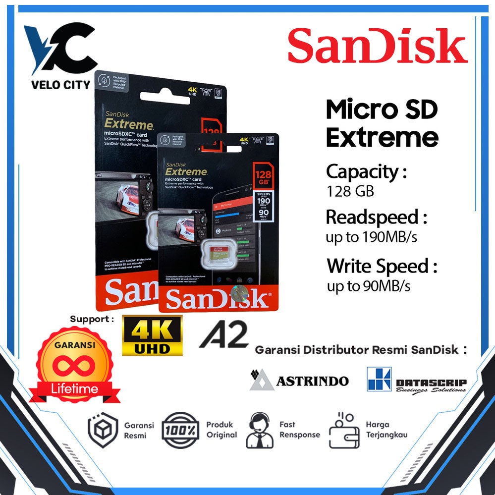 Memory Card | Micro SD 128GB SanDisk Extreme up to 190Mbps U3 A2 V30 - Garansi Resmi Lifetime