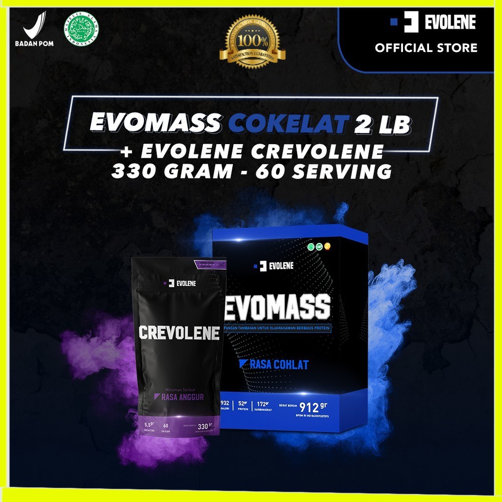 Evomass Coklat 912gr/4x serving + Crevolene 330gr/60 serving - Penambah massa otot - Suplemen fitness - Pembentuk otot - Kaya Nutrisi - Surplus kalori - Minuman susu workout - Susu penambah berat badan - Evo Mass Evolene Evoline Evolen