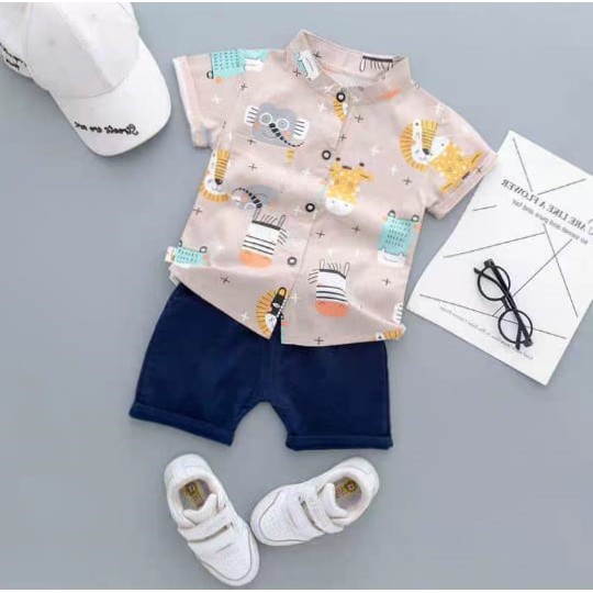Setelan Kemeja anak Laki laki / Set Kemeja Celana anak cowok Trendy Unik Katun Import 9 bln-3 thn-Animal Cream