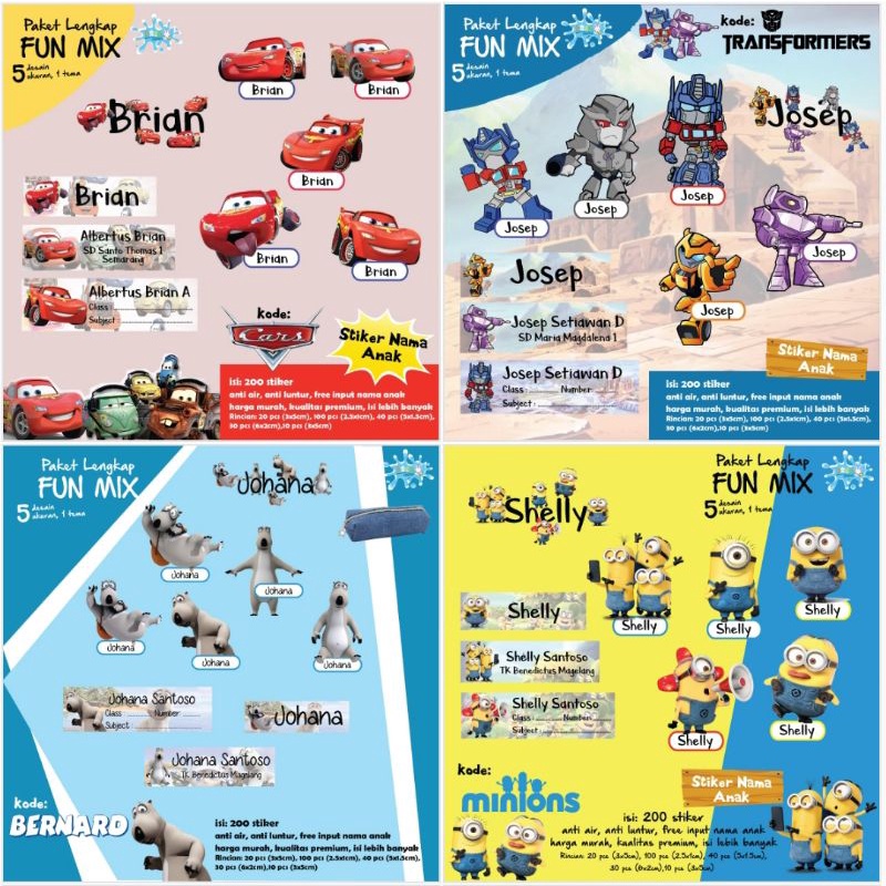 

200 PCS STIKER NAMA ANAK FUN MIX WATERPROOF BOY / LAKI LAKI