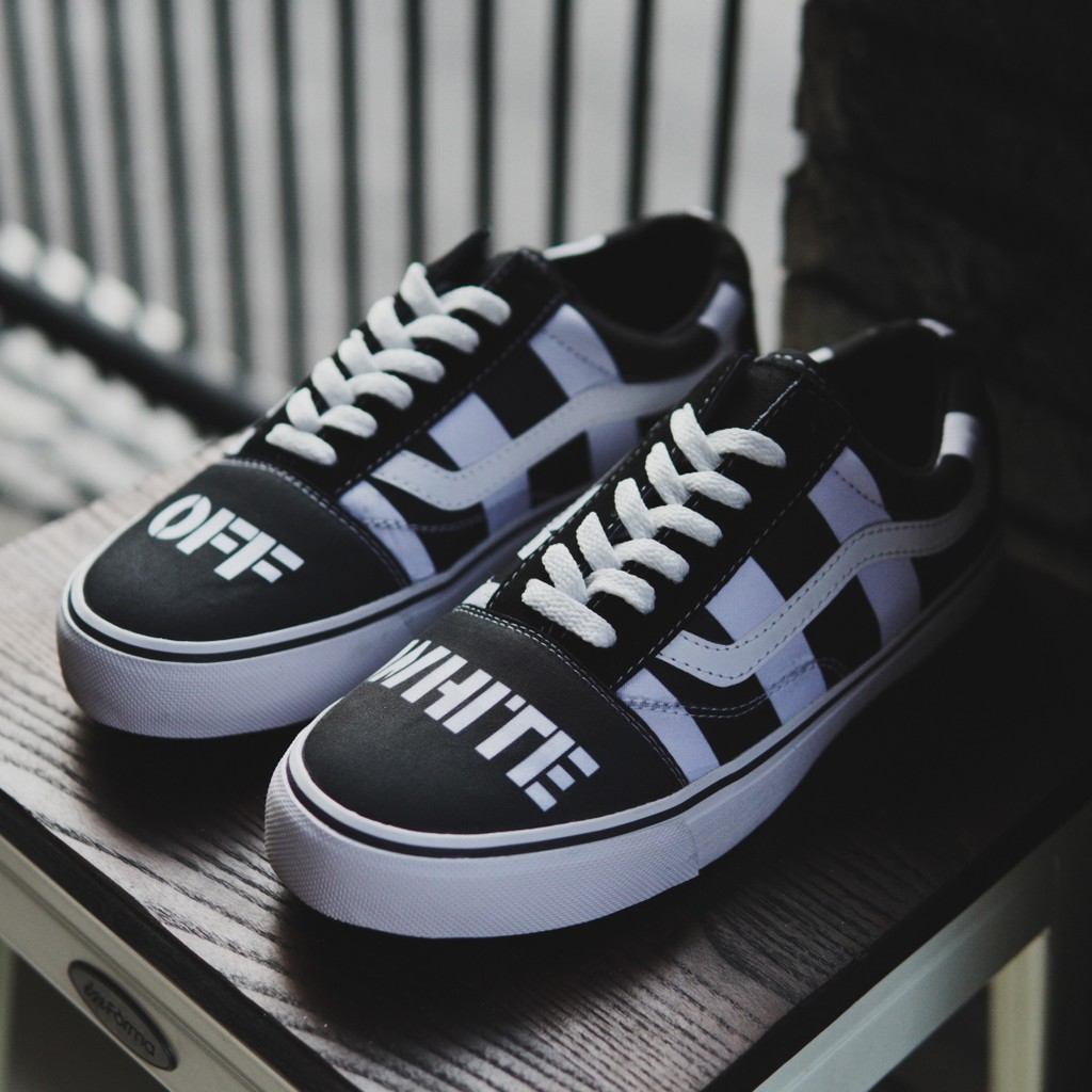 COD !! Sepatu Sneakers Pria Vans Oldskool 3D Print Motif Off White Kasual Bertali Kuliah Sekolah