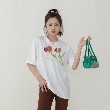 kaos atasan wanita/korean style import motif flower t shirt/kemeja wanita putih