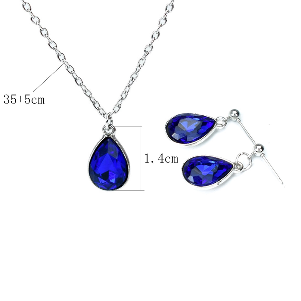 Set Anting Dan Kalung Choker Bentuk Tetesan Air Geometris Aksen Kristal Warna Merah Biru Untuk Wanita