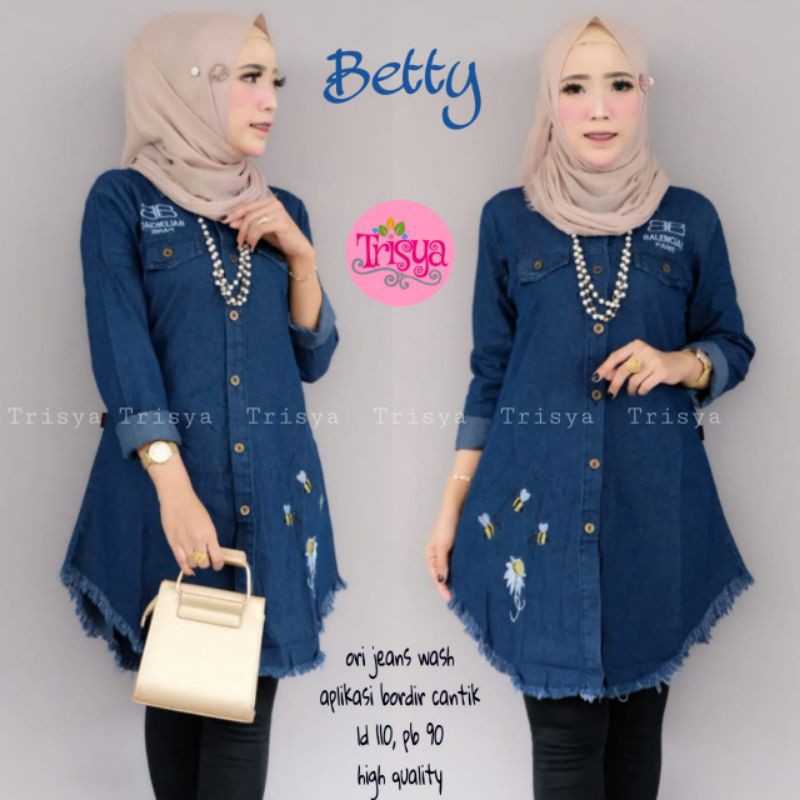 Terbaru,Tunik Betty By Trisya, Bahan Jeans Wash Ori, Kombinasi Bordir Cantik, Kancing Aktif