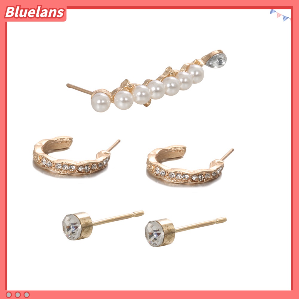 5 Pcs Anting Stud Geometris Aksen Mutiara Berlian Imitasi Untuk Wanita