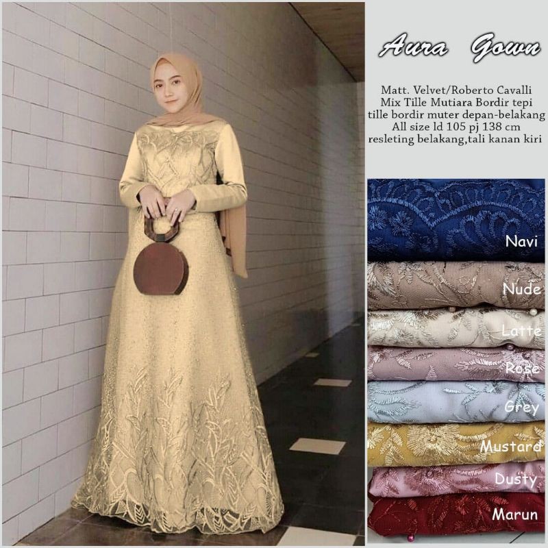 Gamis Muslimah Aura Gown 2 Dress Brukat Tile Jumbo xxl ld 120cm Sahita Maxy Outfit Kondangan Terbaru Dres Brokat Termurah Gamis Lebaran Remaja Terbaru Warna Nude Brown Rose Gold Mocca Dusty Pink Gaun Pesta Mewah Gamis Kondangan Jumbo Gamis Bridesmaid