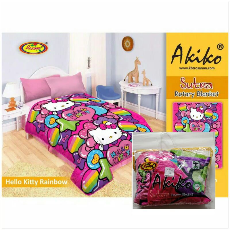 Selimut Bulu Akiko Rosanna Ukuran 150x200 Motif Hello Kitty Rainbow