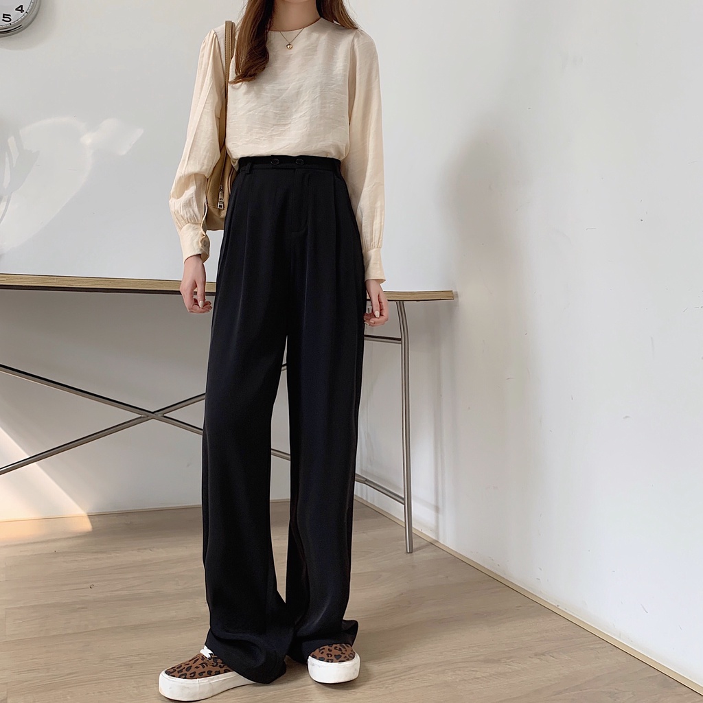 [Import]Celana Panjang Hitam Loose Kancing Dua Wanita Korean Style High Waist Straight Pants