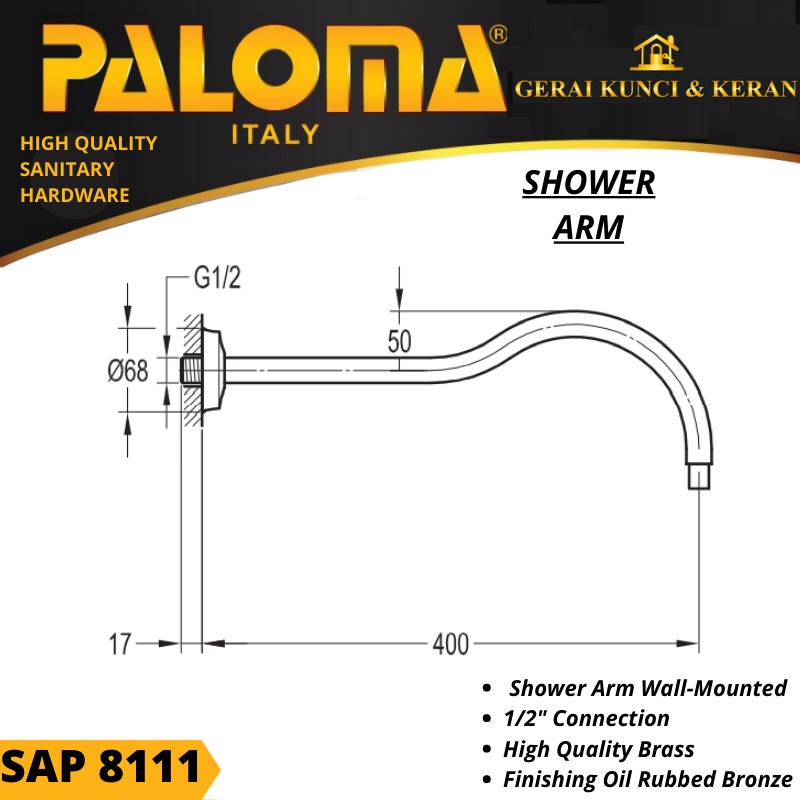 PALOMA SAP 8111 SHOWER ARM BRASS ORB ANTIK SAMBUNGAN KEPALA SHOWER