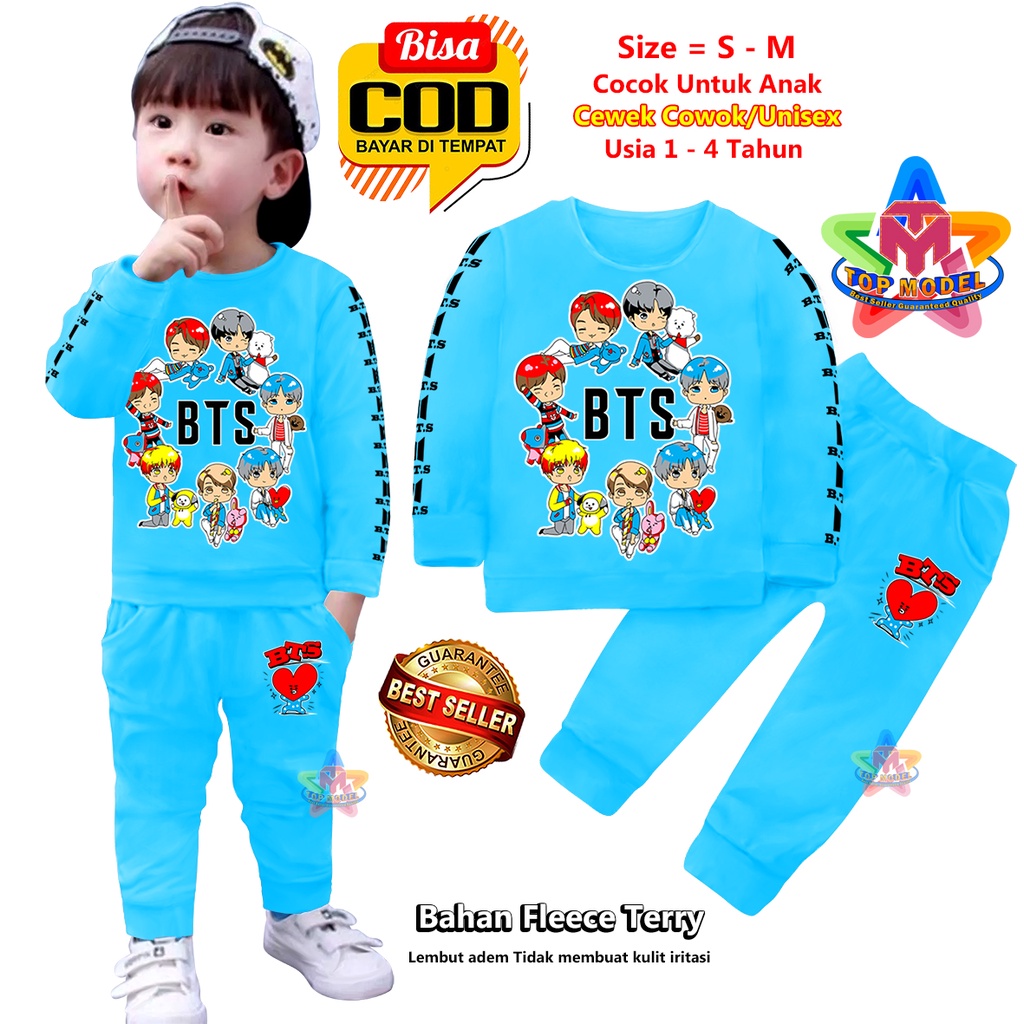 Setelan Baju Anak BTS BT21 UNISEX 1-4 Tahun Cewek Cowok,TM0004 B terbaru dan termurah Bahan Fleece Terry