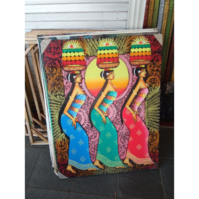 Lukisan kanvas Bali Para Gadis Bali Gebogan