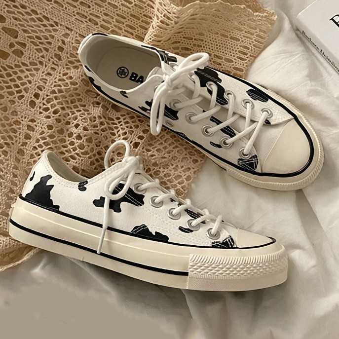 Sepatu Sneakers Wanita Cow White Canvas Shoes Female Cute Breathable Casual Sneakers Flawless