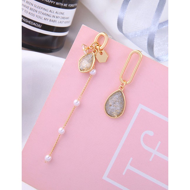 LRC Anting Tusuk Fashion Gold Asymmetric Pearl S925 Silver Needle Gemstone Drop Earrings D03308