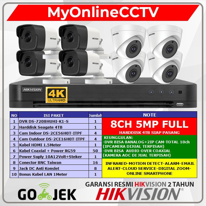PAKET CCTV HIKVISION 8 CHANNEL 5MP 4K LENGKAP  8 KAMERA