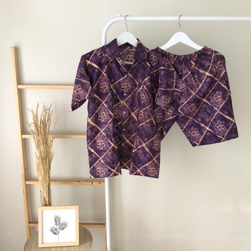 hirafa - One Set Setelan Atas Bawah Full Kancing / Baju Santai Tie Dye / Baju Wanita Pria-Persegi - Ungu