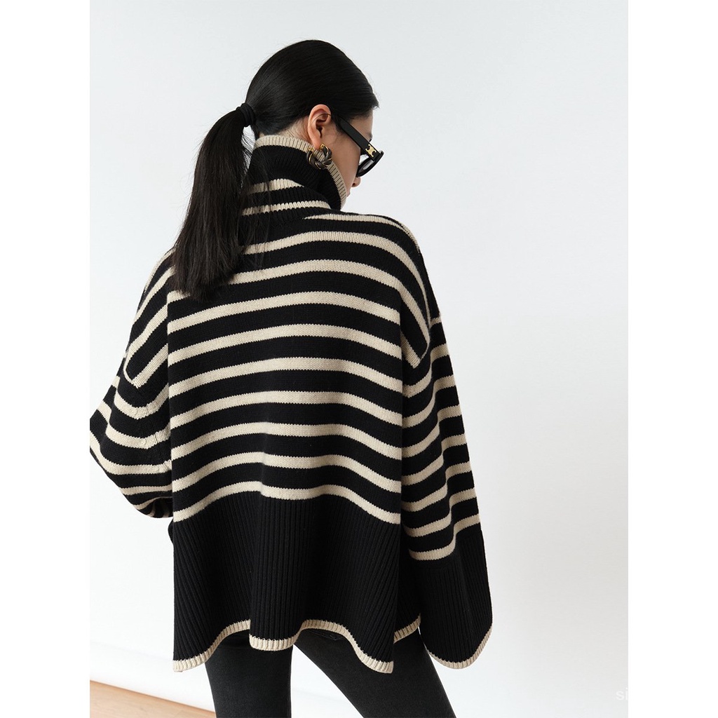 #Sisjuly# Jaket Pullover Rajut Longgar Wanita Bergaris Turtleneck Baru