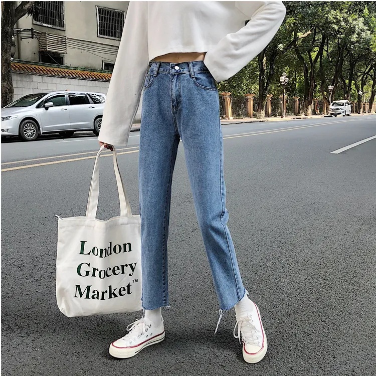 Retro pinggang tinggi longgar lurus denim gadis mahasiswa celana lebar kaki serbaguna jeans