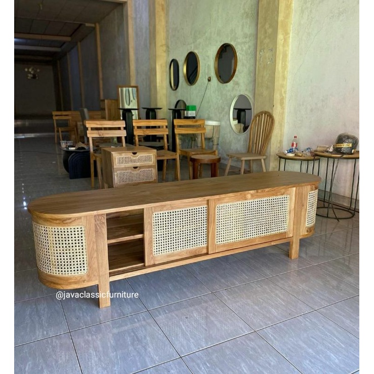 BUFET TV CUSTOM ROTAN MEJA CABINET OVAL BAHAN KAYU JATI PANJANG 2 METER-3