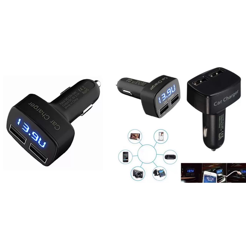 [COD] Charger Mobil 4in1 Universal USB Charger Mobil + Voltmeter + Ampere + Temperatur Serbaguna