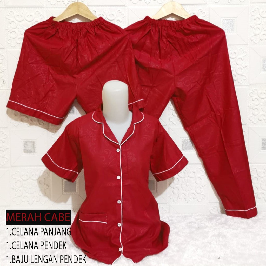 ISANNY PIYAMA SET 3IN1 SIZE XXL/SATIN EMBOSS 3IN1 JUMBO/BAJU TIDUR DEWASA/READY STOCK-MERAH CABE