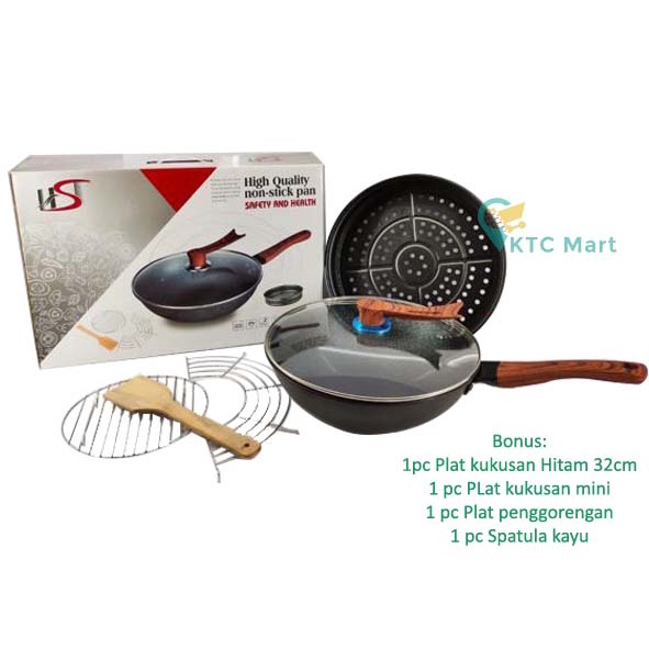 KTCmart - Wok Batu Granite 32 CM + Tutup Kaca  BONUS| Premium Cookware