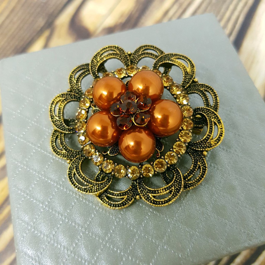 BROS BUNGA EMAS MUTIARA COKLAT / BROS PENITI HIJAB KEBAYA MURAH