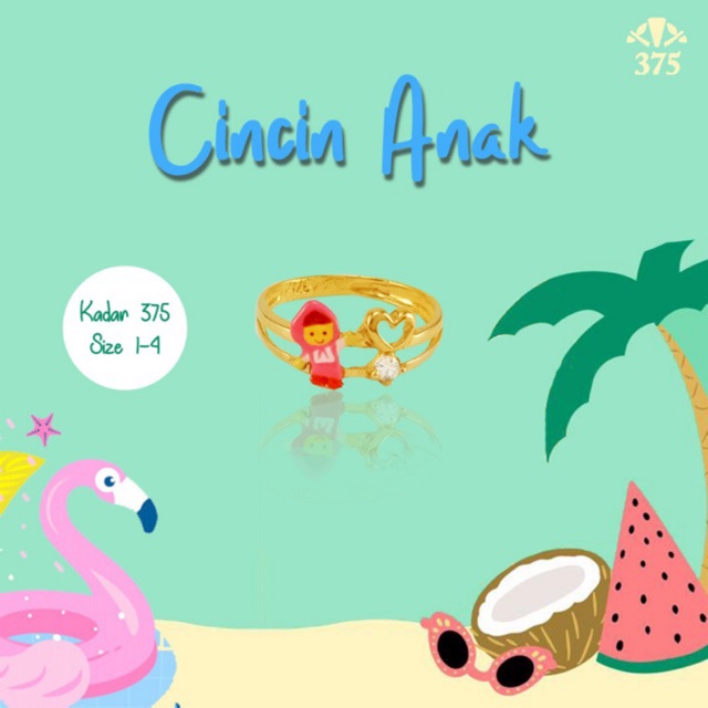 Cincin anak perempuan motif marsha / little red riding hood cantik emas asli kadar 375