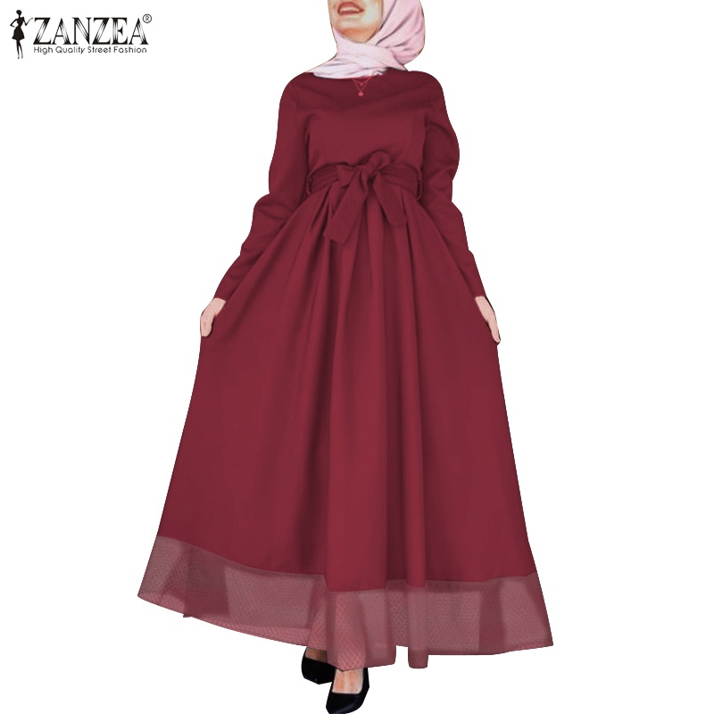 ZANZEA Women Lace Patchwork Mesh Layers Big Swing Muslim Maxi Dress