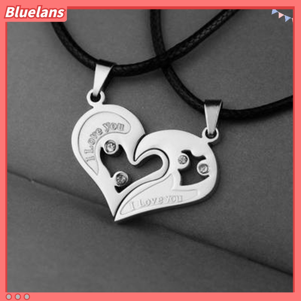 2pcs / Set Kalung Liontin Hati Tulisan I Love You Aksen Berlian Imitasi Untuk Pasangan