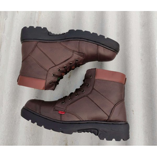 SEPATU SAFETY  KULIT ASLI COKELAT UJUNG BESI SEPATU BOOTS PRIA