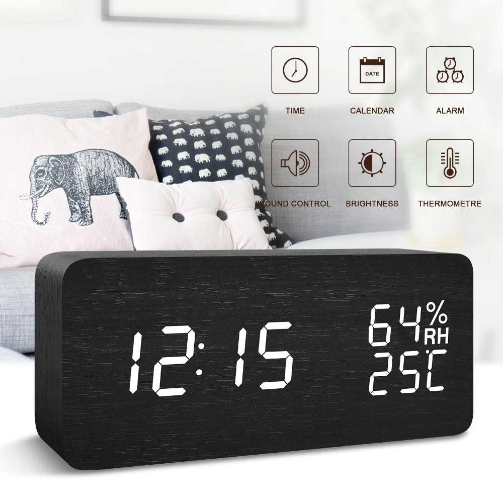 Jam Meja Digital Aesthetic LED Kayu Clock Temperature Suhu Kelembaban Humidity Control -SQ70