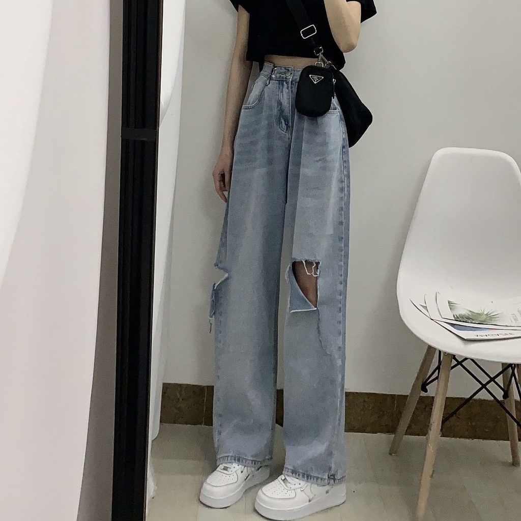 Korean New Women's Loose High Waist Wide Leg pengait celana jeans