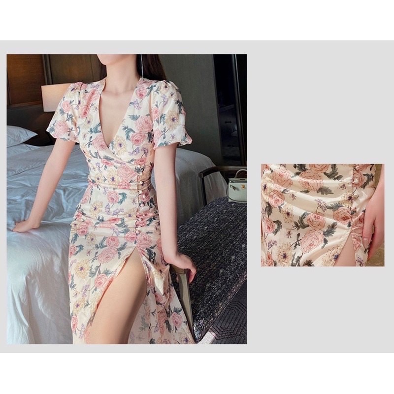 Mercy Dress Korean Floral Midi Sexy Bodycon V Neck Summer Spring Dinner Bunga Gaun Korea Style Look 