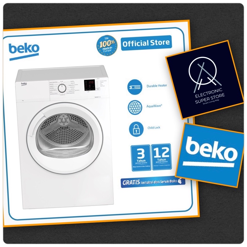 MESIN CUCI PENGERING DRYER BEKO 8KG DA8012GA AQUA WAVE DRUM LED DISPLAY