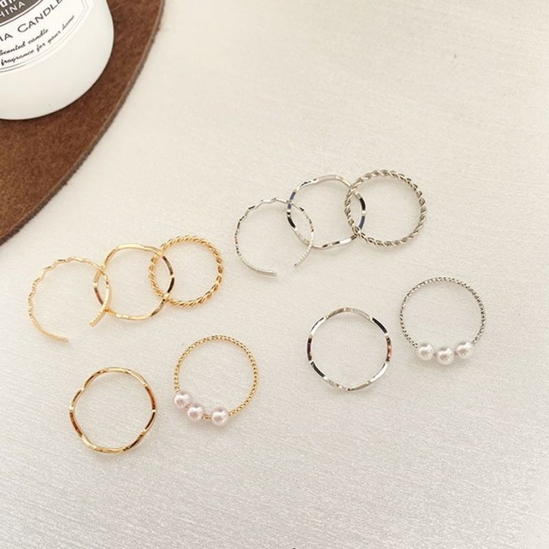 Set (isi 5 buah) Cincin Ring Mutiara Alloy Geometri Aneka Bentuk Korean Pearl Ring Korea