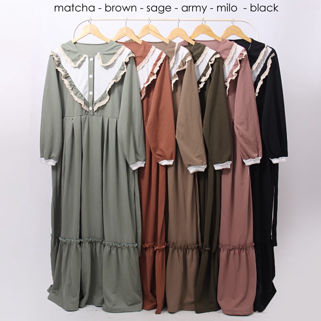 Gamis busui kancing kerah renda ruffle dada rempel tali pinggang bahan voxy premium merk hf (164)