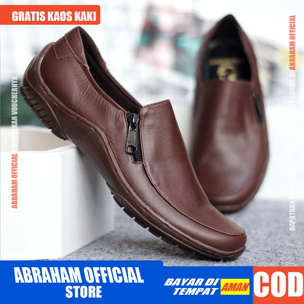 CORALOW  Sepatu Casual Formal Kulit Asli Original Slip On Slop Kasual Kerja Kantor Kondangan Pantofel Keren Anti Slip Pria Cowok