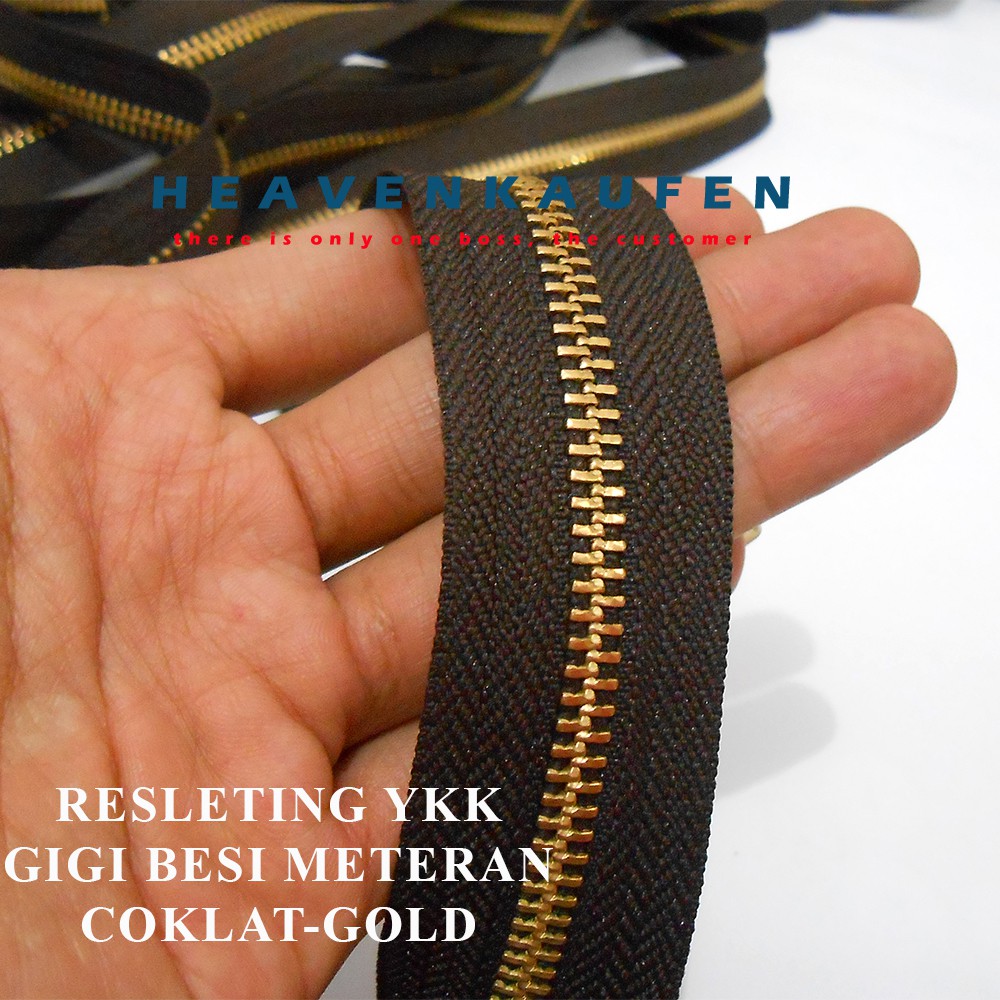 Resleting Zipper YKK Gigi Besi Meteran Coklat-Gold No. 5