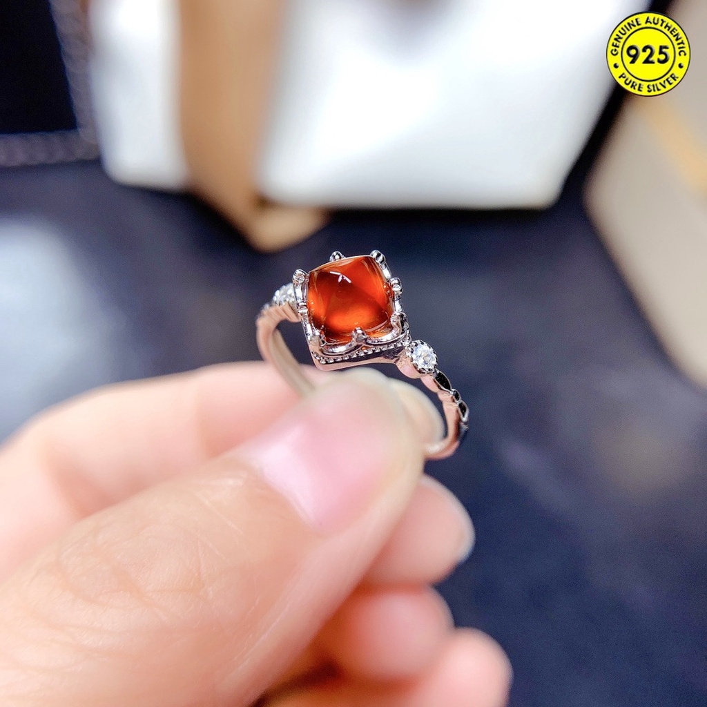 Cincin Model Terbuka Desain Batu Permata Garnet Alami Warna Oranye Kuning Untuk Wanita