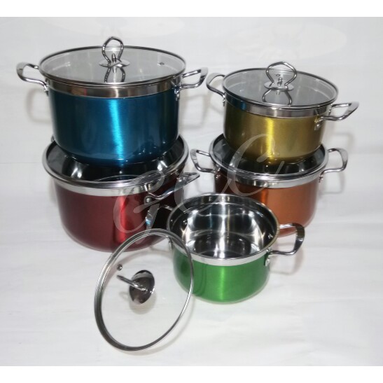 A1 Panci 5 Set Warna Warni Korea Pot Multiuse Stainless Steel 5 Panci Dan 5 Tutup Kaca Stock Pot color