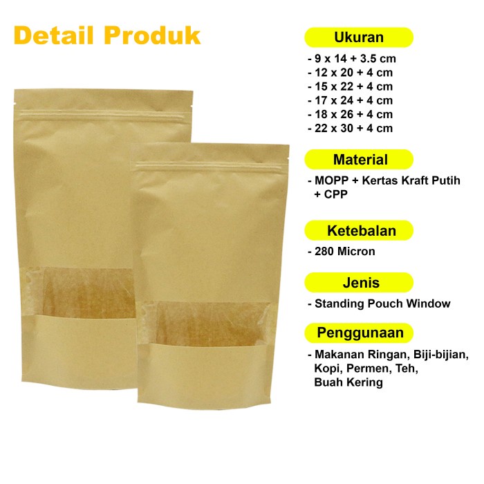 Standing Pouch Kraft Paper Bag Cokelat Window Kemasan Klip