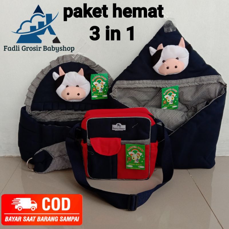 Tas Bayi Gendongan Bayi Samping Dan Selimut Bayi Topi Boneka Sapi ( 3 in 1 ) Terpopuler